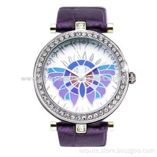 2014 Fashionable Women's Crystal Watch with Alloy Case and Leather BandNew